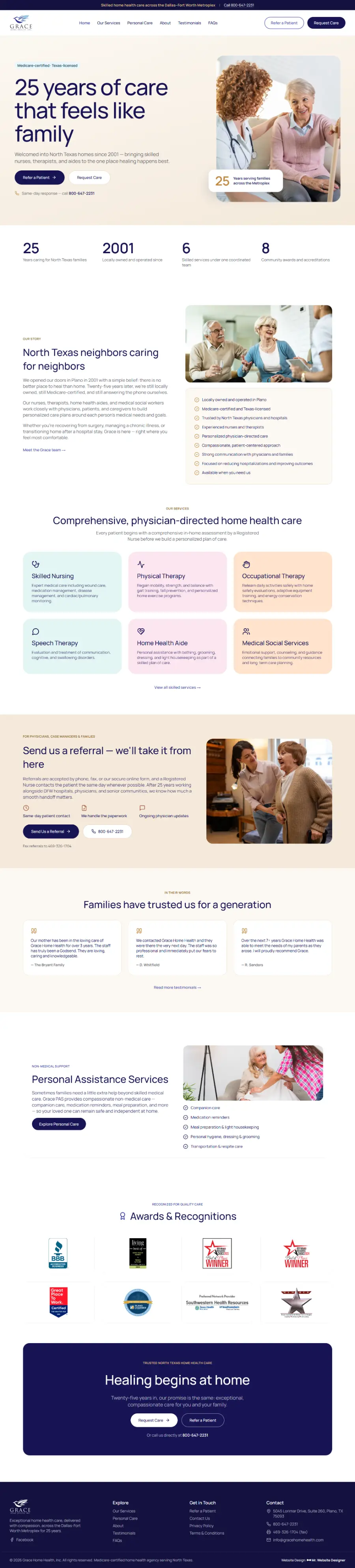Homepage of the Grace Home Health website built by Mr. Website Designer